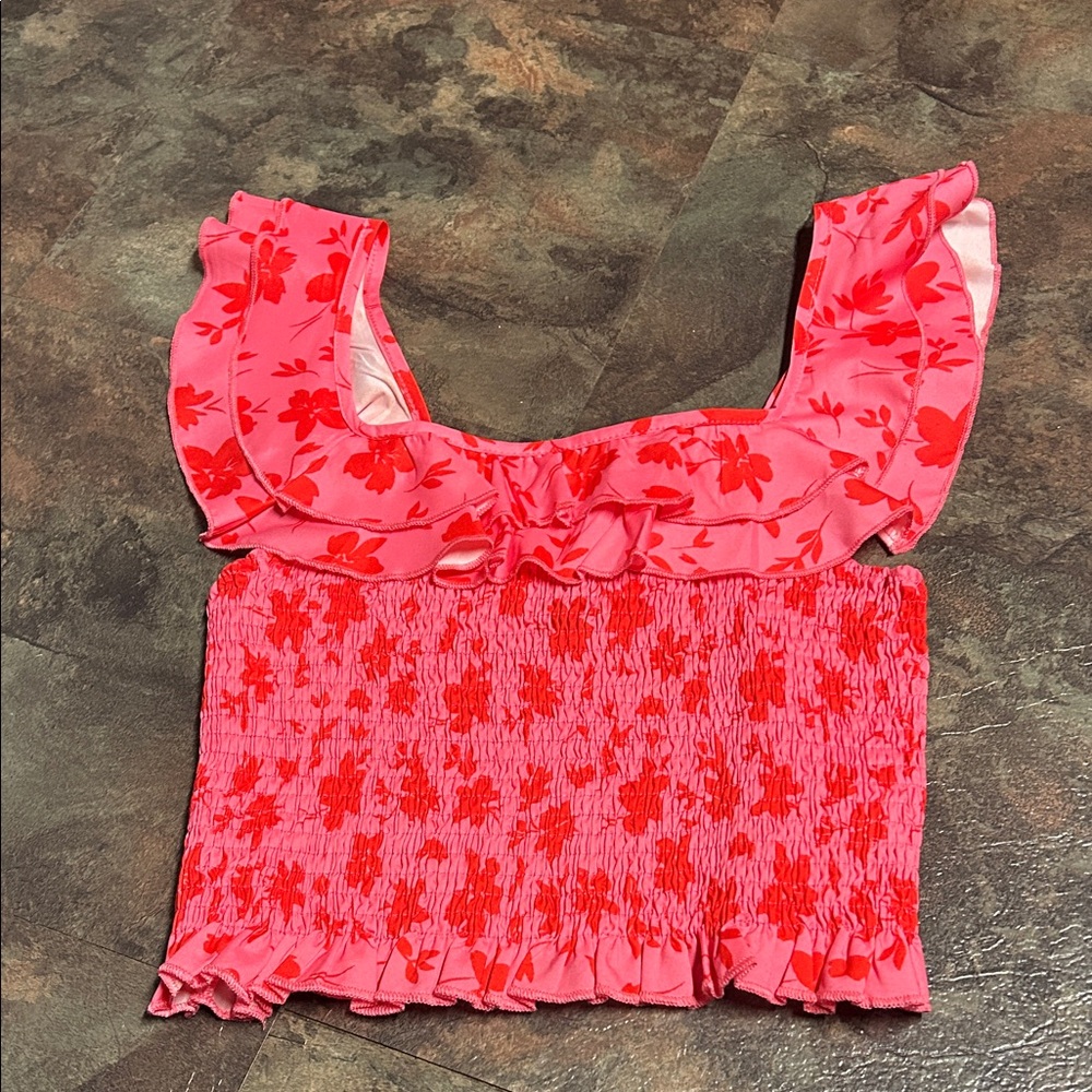 SHEIN Pink Floral Ruffle Blouse